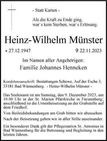 Traueranzeige von Heinz-Wilhelm Münster von Westfalen Blatt