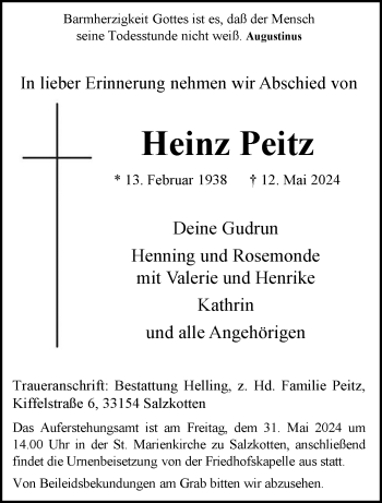 Traueranzeige von Heinz Peitz von Westfalen Blatt