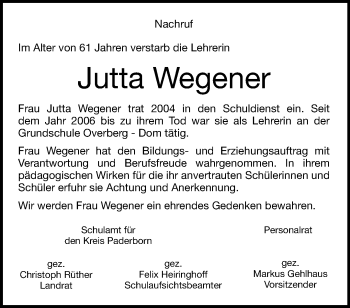 Traueranzeige von Jutta Wegener von Westfalen Blatt