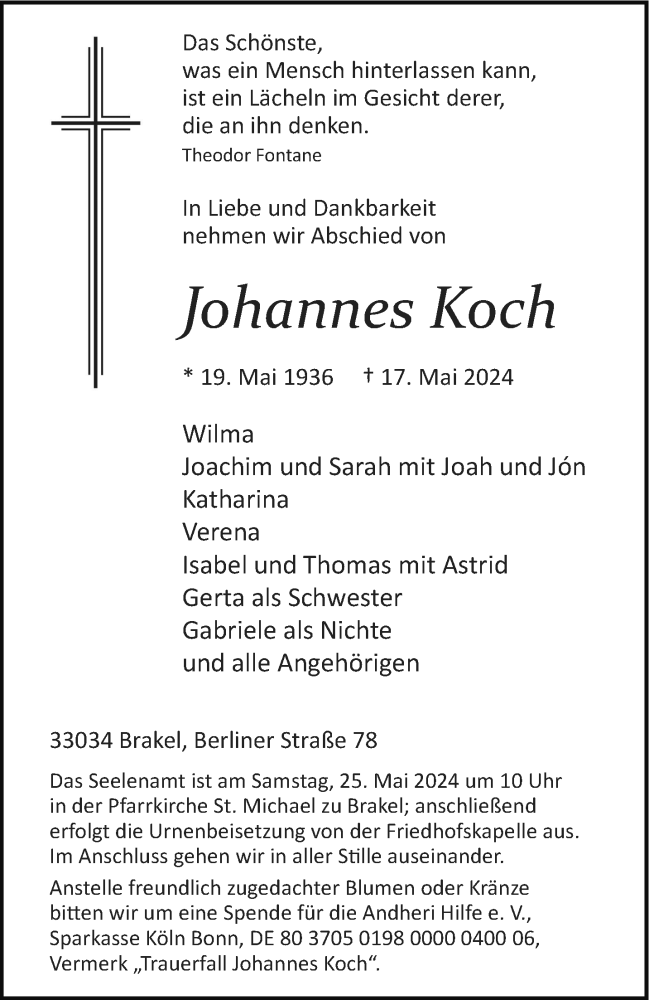  Traueranzeige für Johannes Koch vom 18.05.2024 aus Westfalen Blatt