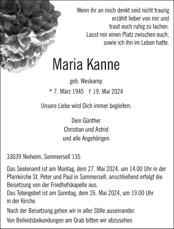 Traueranzeige von Maria Kanne von Westfalen Blatt