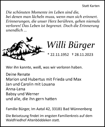 Traueranzeige von Willi Bürger von Westfalen Blatt