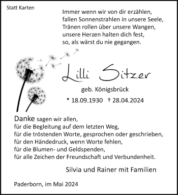 Traueranzeige von Lilli Sitzer von Westfalen Blatt