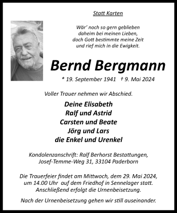 Traueranzeige von Bernd Bergmann von Westfalen Blatt