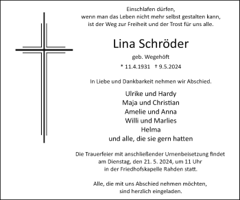 Traueranzeige von Lina Schröder von Westfalen Blatt