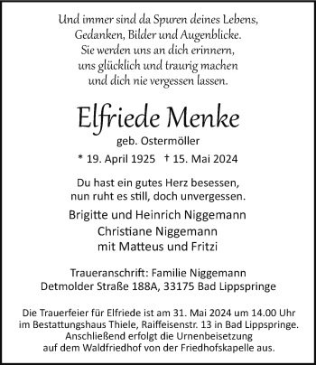 Traueranzeige von Elfriede Menke von Westfalen Blatt