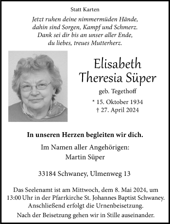Traueranzeige von Elisabeth Theresia Süper von Westfalen Blatt
