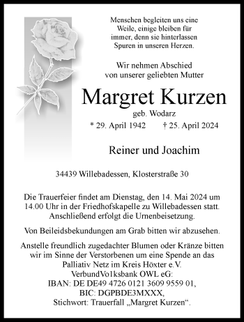 Traueranzeige von Margret Kurzen von Westfalen Blatt