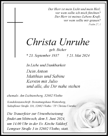 Traueranzeige von Christa Unruhe von Westfalen Blatt