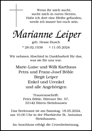 Traueranzeige von Marianne Leiper von Westfalen Blatt