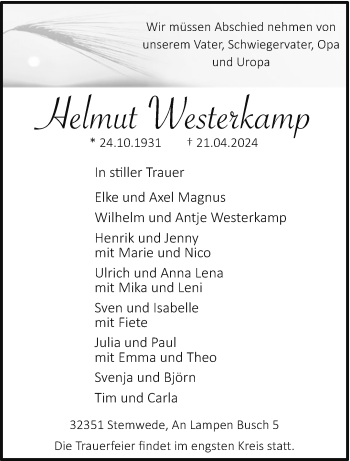 Traueranzeige von Helmut Westerkamp von Westfalen Blatt