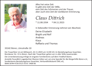 Traueranzeige von Claus Dittrich von Westfalen Blatt