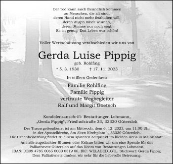 Traueranzeige von Gerda Luise Pippig von Westfalen Blatt