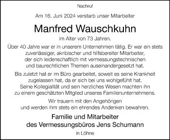 Traueranzeige von Manfred Wauschkuhn von Westfalen Blatt