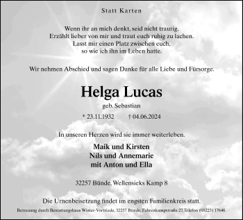 Traueranzeige von Helga Lucas von Westfalen Blatt