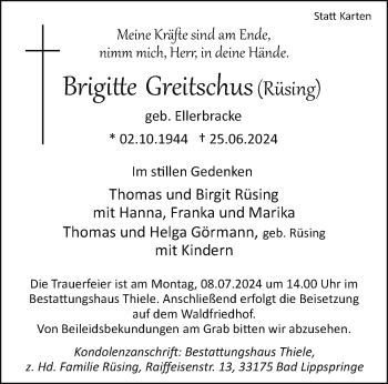 Traueranzeige von Brigitte Greitschus (Rüsing) von Westfalen Blatt