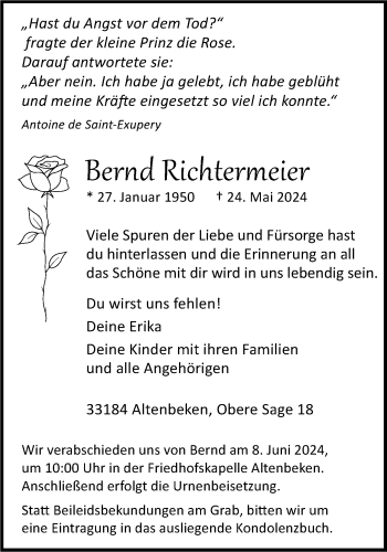 Traueranzeige von Bernd Richtermeier von Westfalen Blatt