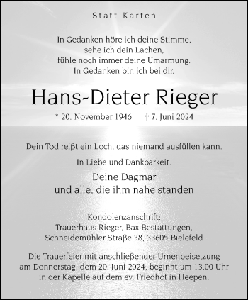 Traueranzeige von Hans-Dieter Rieger von Westfalen Blatt