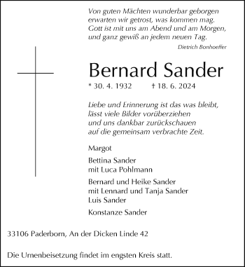 Traueranzeige von Bernard Sander von Westfalen Blatt