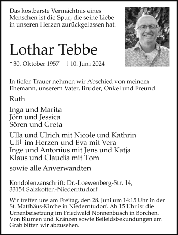 Traueranzeige von Lothar Tebbe von Westfalen Blatt