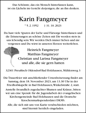 Traueranzeige von Karin Fangmeyer von Westfalen Blatt