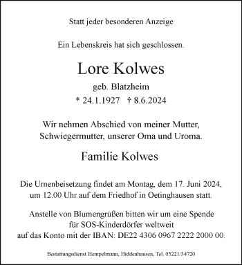 Traueranzeige von Lore Kolwes von Westfalen Blatt