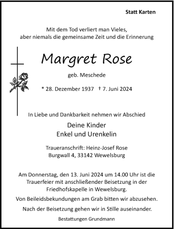 Traueranzeige von Margret Rose von Westfalen Blatt