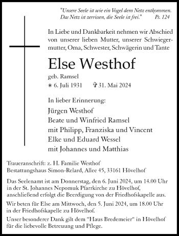 Traueranzeige von Else Westhof von Westfalen Blatt