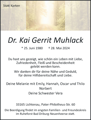 Traueranzeige von Dr. Kai Gerrit Muhlack von Westfalen Blatt