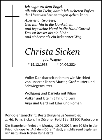 Traueranzeige von Christa Sicken von Westfalen Blatt