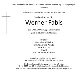 Traueranzeige von Werner Fabis von Westfalen Blatt