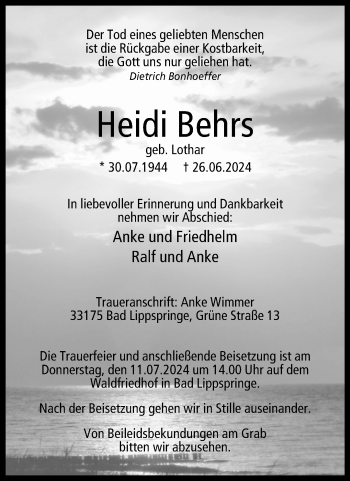 Traueranzeige von Heidi Behrs von Westfalen Blatt