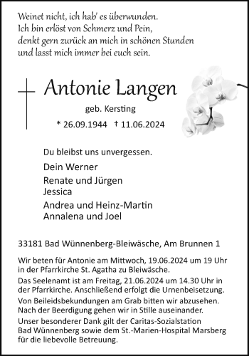 Traueranzeige von Antonie Langen von Westfalen Blatt