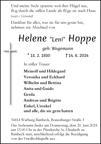 Traueranzeige von Helene Hoppe von Westfalen Blatt