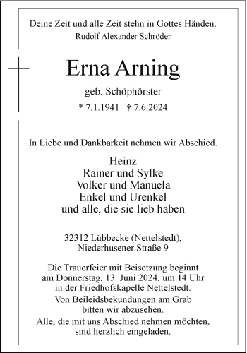 Traueranzeige von Erna Arning von Westfalen Blatt