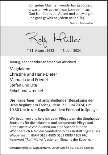 Traueranzeige von Rolf Müller von Westfalen Blatt