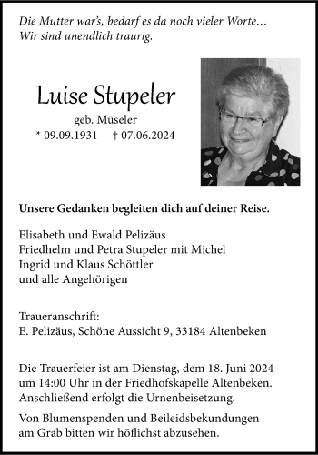 Traueranzeige von Luise Stupeler von Westfalen Blatt