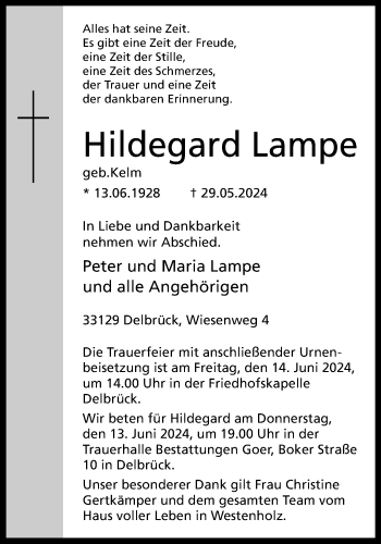 Traueranzeige von Hildegard Lampe von Westfalen Blatt