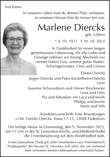 Traueranzeige von Marlene Diercks von Westfalen Blatt