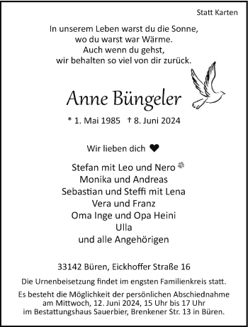 Traueranzeige von Anne Büngeler von Westfalen Blatt