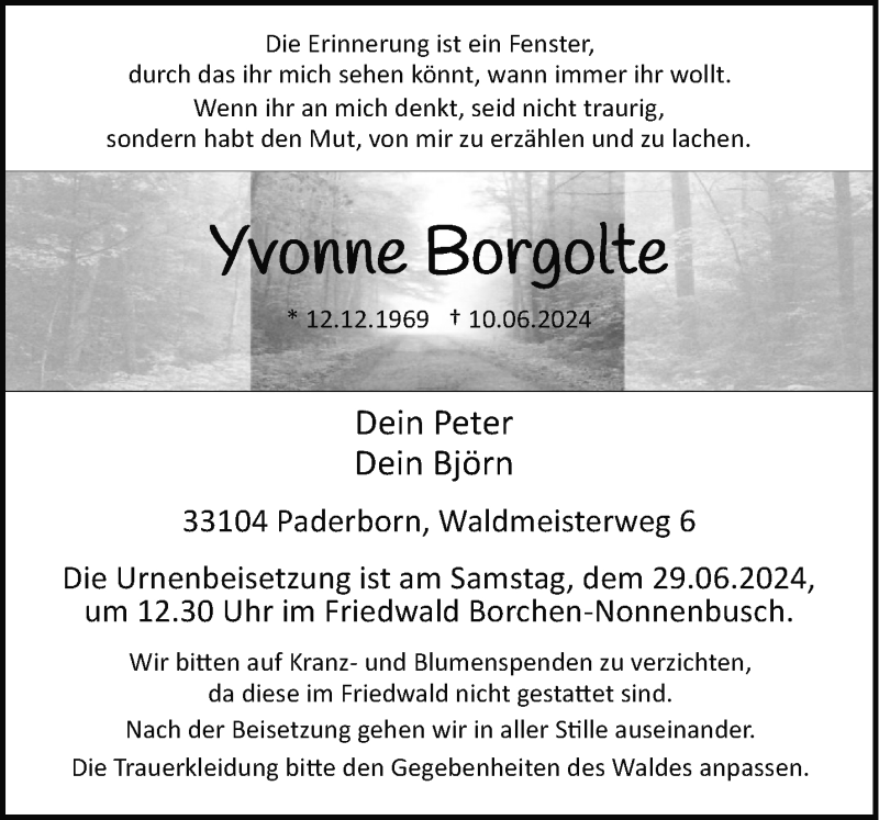  Traueranzeige für Yvonne Borgolte vom 22.06.2024 aus Westfalen Blatt