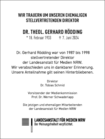 Traueranzeige von Dr. Theol. Gerhard Rödding von Westfalen Blatt