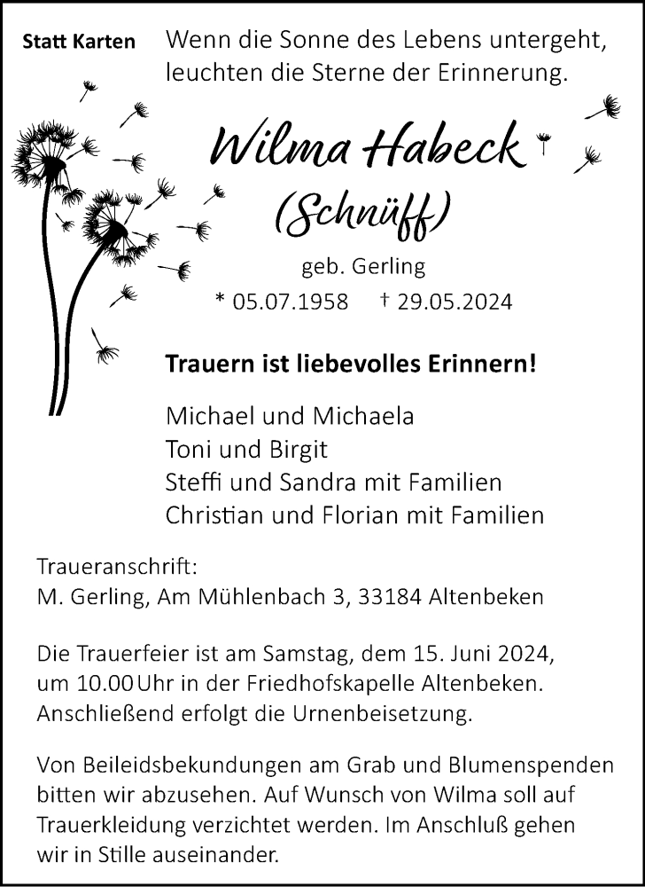  Traueranzeige für Wilma Habeck vom 08.06.2024 aus Westfalen Blatt