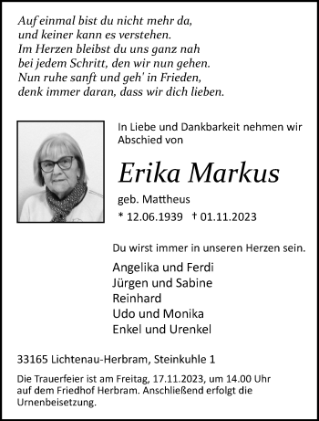 Traueranzeige von Erika Markus von Westfalen Blatt