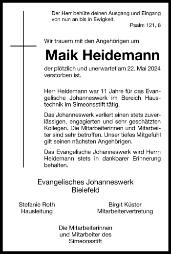 Traueranzeige von Maik Heidemann von Westfalen Blatt