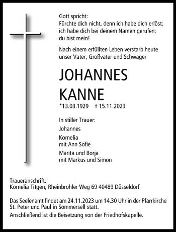 Traueranzeige von Johannes Kanne von Westfalen Blatt