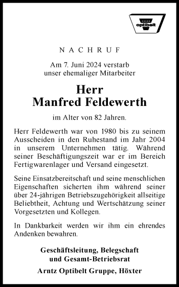 Traueranzeige von Manfred Feldewerth von Westfalen Blatt