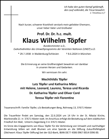 Traueranzeige von Prof. Dr. Dr. h.c. mult. Klaus Wilhelm Töpfer von Westfalen Blatt