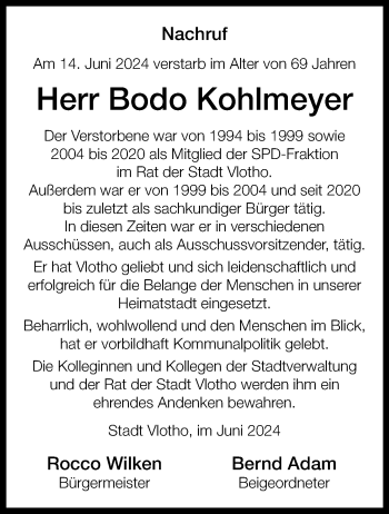 Traueranzeige von Bodo Kohlmeyer von Westfalen Blatt