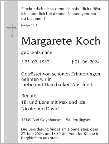 Traueranzeige von Margarete Koch von Westfalen Blatt